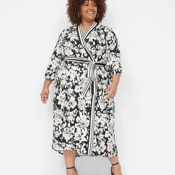 NWT Lane Bryant Black and White Floral Midi Dress - Picture 2 of 5